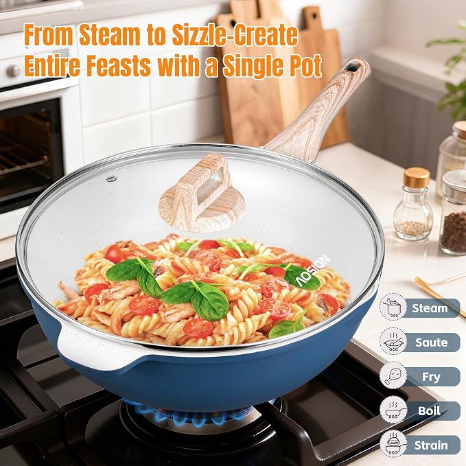 AOSION 12 Inch Nonstick Ceramic Deep Frying Pan with Lid & Steam Rack, 5.5QT Sauté Pan, Large Ceramic Skillet,Stay Cool Handle, Induction Compatible, PFOA & PFAS Free,blue.