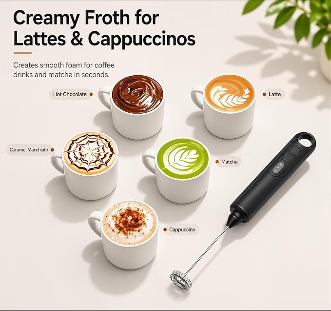 Rechargeable Milk Frother Handheld 3 Speed Coffee Foamer [3 Whisk] Electric Drink Mixer for Latte, Cappuccino, Coffee, Eggs, Hot Chocolate, Protein Black