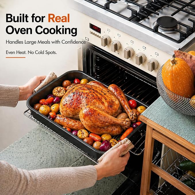 Moss & Stone 16.5” Roasting Pan with Rack – Heavy Duty Nonstick Carbon Steel Turkey Roaster, Large Rectangular Oven Pan with V-Rack, Bonus Carving Fork & Chef Knife