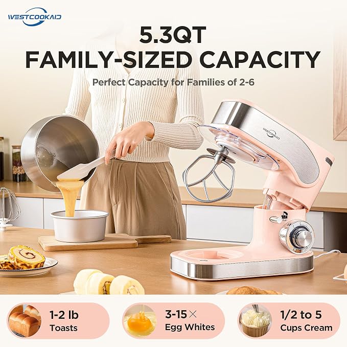 Electric Stand Mixer 5.3QT 6+P Tilt-Head Speed Pink | Standing Food Mixer with Egg Cream Whisk, Dough Hook & Flat Beater, Perfect Bread Dough Mixer for Home Baking and Daily Use