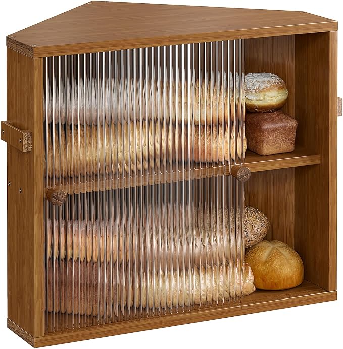 Corner Bread Box with Sliding Acrylic Doors, Double Layer Bread Bin | Bread Box for Kitchen Countertop, Bamboo Bread Storage Container, Large Capacity Vintage Farmhouse, Caramel, Meduim