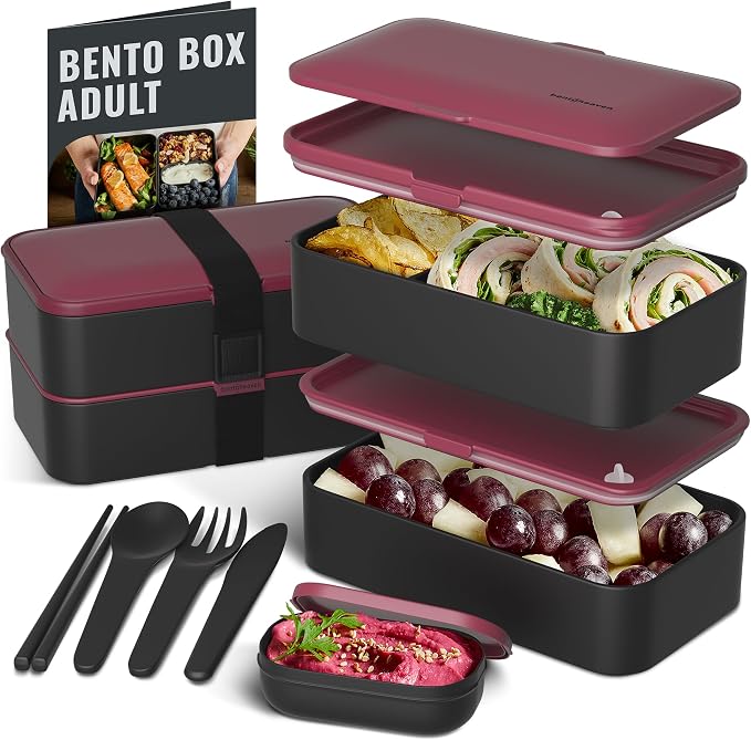 Bentoheaven Bento Box Adult, Stackable Lunch Box, 40 oz, Very Berry | BPA-free, leakproof and microwave-safe with 2 compartments, utensils, chopsticks, divider and sauce cup for men and women.