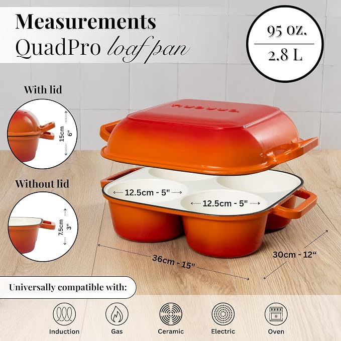QuadPro Enamelled Cast Iron Bread Loaf Pot – Dutch Oven for Sourdough Bread Baking – 500°F Oven Safe Non Stick Bread Pot – 4 Round Loaf Spaces (4.90-inch Diameter), Orange – by Nuovva
