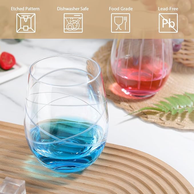 Joeyan Hand Blown Etched Stemless Wine Glasses for Red Wine,Large Carved Drinking Glass Cups Tumblers with Strips Swirls Pattern for Wedding Anniversary Party Home,Set of 2, 17.5 oz, Dishwasher Safe