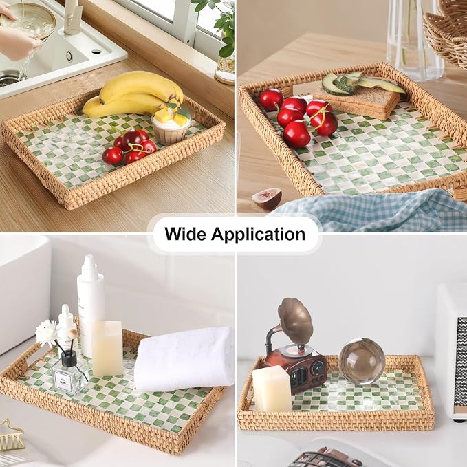 Rectangle Rattan Tray with Mother of Pearl Inlay, Rattan Serving Tray with Handle for Coffee, Bread, Fruits, Decorative Wicker Tray for Table Decor (Rectangle Green Checkerboard, 13"×9")