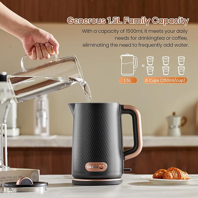OLEGA Electric Kettle: 1200W Fast Boil Tea Kettles with Tea Infuser 1.5L | Stainless Steel Kettle; Electric Water Kettle with Strainer; Plastic Free Teapot; Auto Shut-Off Water Boiler
