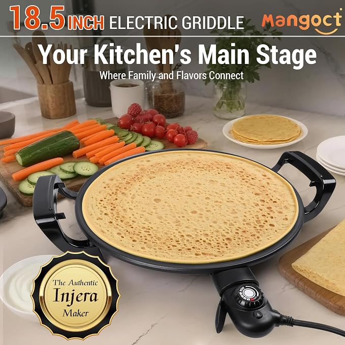 18.5” Electric Injera Maker, Mitad for Ethiopian Injera, Pancake Teff Maker, Electric Griddle with Lid, Non-Stick Surface, Easy to Clean, Adjustable Mechanical Knob Control, Even Heating