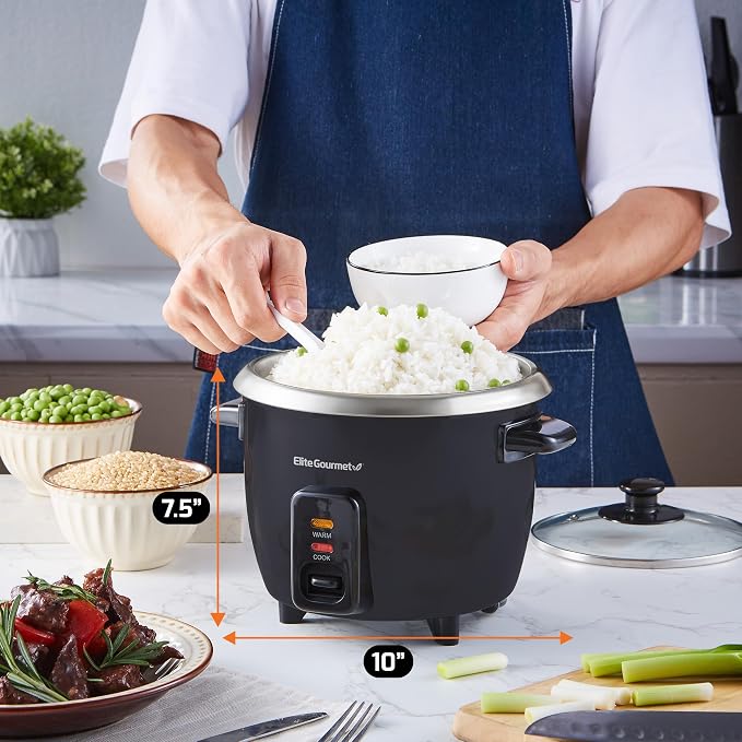 Elite Gourmet ERC003BX Rice Cooker, Keep Warm, Black, 6 Cups Cooked | 3 Cups Uncooked - Also Makes Soups, Stews, Grains and Hot Cereals for Versatile One-Pot Meals