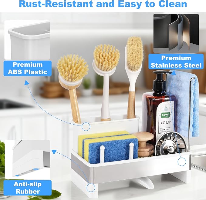 Sponge Holder for Kitchen Sink Caddy Organizer, Dish Brush Holder | Stainless Steel Sponge Caddy for Kitchen Countertop Organizer, Rustproof Dish Soap and Sponge Rack with Dishcloth Drying Rack