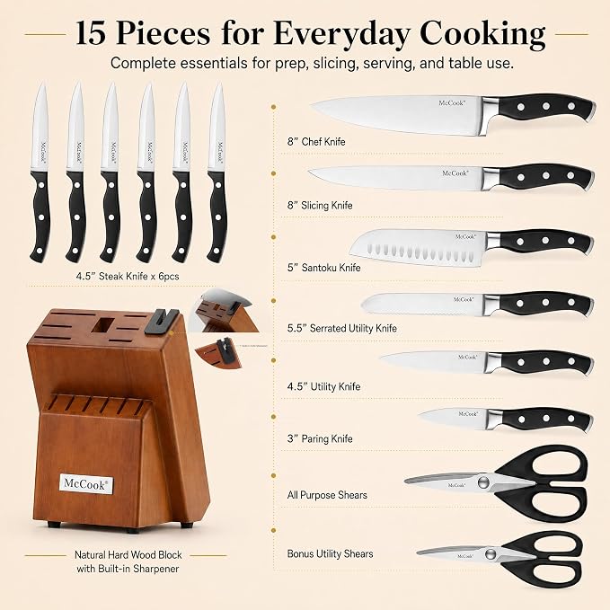 McCook Kitchen Knife Set 15PC Knife Block Set w Built-in Sharpener | German Forged Stainless Steel,Razor Sharp,Non-Stick&Anti-Rust,Triple Rivet,Ergonomic Handles,Full Tang,Gift Box