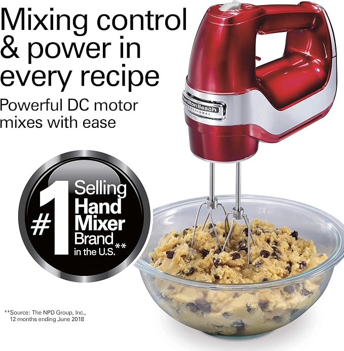 Hamilton Beach Professional 5-Speed Electric Hand Mixer | High-Performance DC Motor | Slow Start | Snap-On Storage Case | Stainless Steel Beaters & Whisk | Red & Chrome| 62653