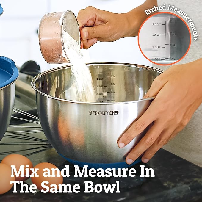 Premium Mixing Bowls With Airtight Lids Set, Thicker Stainless Steel Mixing Bowl Set, Large Prep Metal Bowls with Lids, Nesting Bowls for Kitchen, 1.5/2/3/4/5 Qrt, Blue