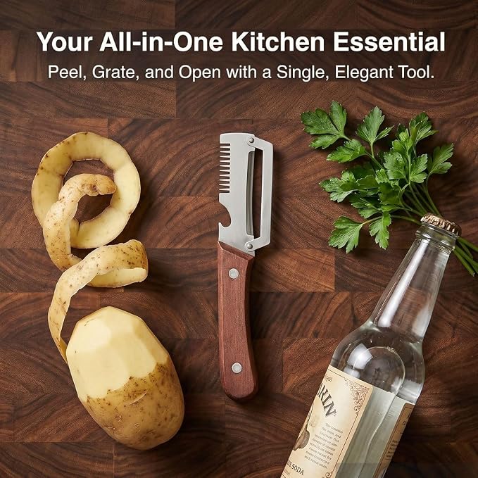 2Pack MultiFunctional Vegetable Peeler, 3 in 1 Multi Functional Wooden Handle Peeler and Bottle Opener, Kitchen Gadgets Tool for Fruit Pumpkin Peeling Potato Carrot Veggie Peeler.