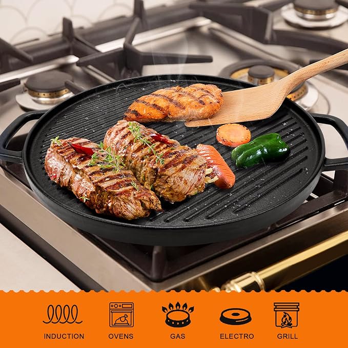 GGC Reversible Cast Iron Griddle for Stove Top, 14" Round Griddle Pan | Double Sided Griddle Plate Perfect for Gas Grills and Outdoor Cooking, Baking Flat and Ribbed Grill Griddle