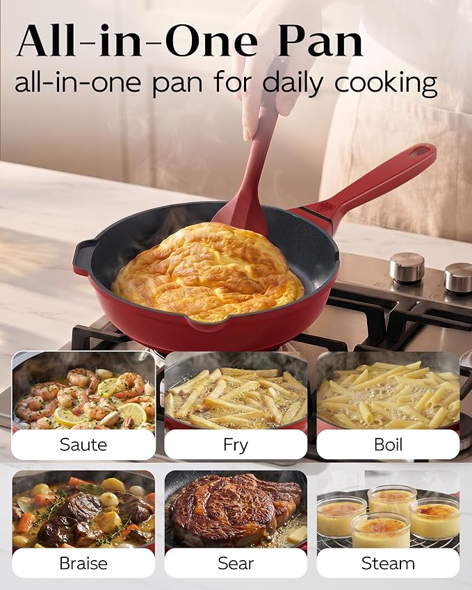 FDN 8" Ceramic Non Stick Frying Pans With Lid, Titanium Pans for Cooking, Non-Toxic PFAS-Free, Induction & Oven-Safe Cookware, Red For Daily Cooking