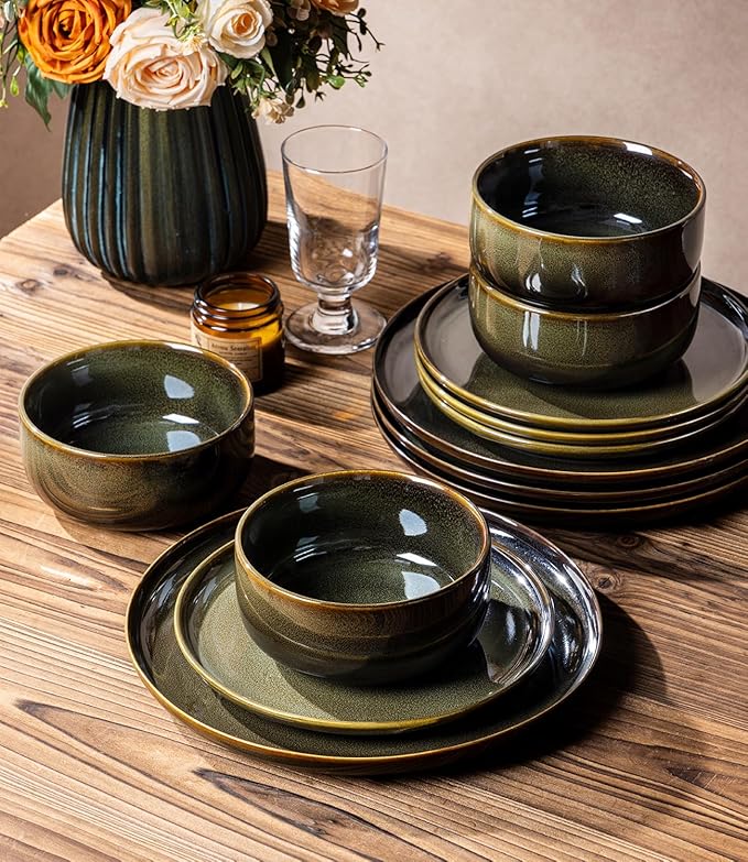 Ceramic Dinnerware Set for 8, 24-Piece Plates and Bowls Set | Handmade Reactive Glaze Dish Set, Scratch Resistant, Oven & Microwave & Dishwasher Safe, Olive Green