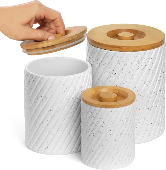 Flour Sugar Storage Containers - Ceramic Canister Set of 3 with Airtight Bamboo Lids for Kitchen Counter - 80, 40 & 20 oz, White