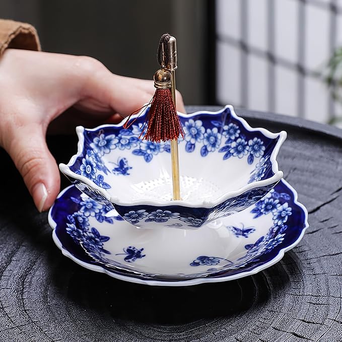 Umbrella Shape Ceramic Tea Strainer - Chinese Blue & White Porcelain Loose Leaf Filter with Rotating Design, Multi-Purpose Tea Infuser for Kung Fu/Coffee/Brewing (Bule)