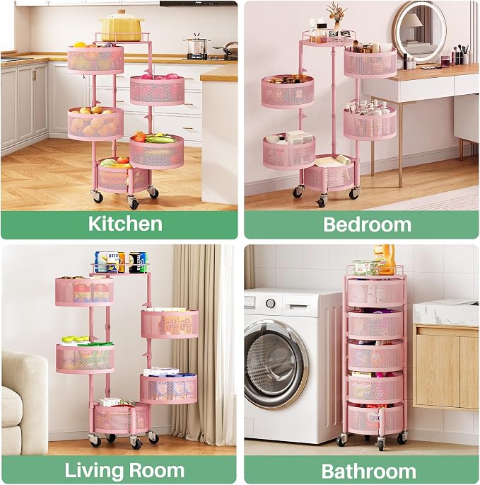 SAYZH 5 Tier Fruit Vegetable Basket Stand for Kitchen, Rotating, Pink | Rolling Storage Cart with top lid, Large Metal Wire Rack for Potato and Onion Storage