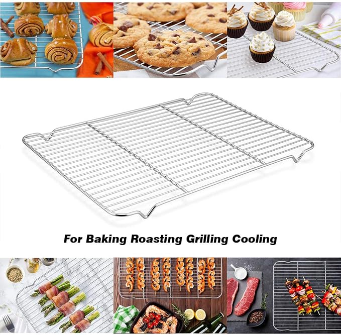 Baking Cooling Rack Set of 2, E-far 16.5"x11.5" Stainless Steel Metal Roasting Cooking Racks, Fits in Half Sheet Cookie Pans, Non Toxic & Rust Free, Oven Proof & Dishwasher Safe