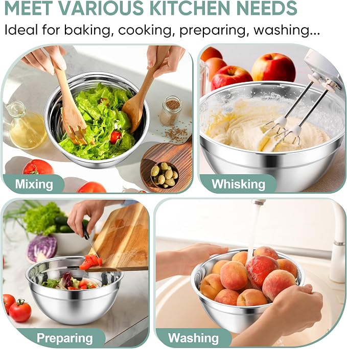 TeamFar Mixing Bowls, 3PCS Stainless Steel Serving Salad Bowls | with Lids & 3 Graters for Kitchen Mixing/Baking/Storing/Prepping, Visible & Airtight, Easy Clean - 4.5/3/1.5 QT, Black