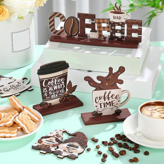 Blosssound Coffee 6 Pcs Bar Sign Bar Decor Accessories,Brown | Farmhouse Coffee Wood Tiered Tray Table Centerpiece, Gnomes Truck, Rustic Bar Accessories, Kitchen Counter Home Tabletop
