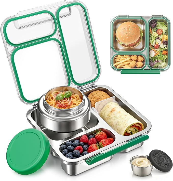 Pawtong Stainless Steel Bento Box Kids Adult with 7oz Insulated Food Jar, Transparent Lid Metal Lunch Box With Soup Thermal Jar, Lunch Box Container with Removable Divider & Sauce Cup School (Green)