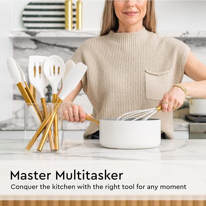 Gold Kitchen Utensils Set – 6 PC White Silicone and Gold Cooking Utensils with Spatula, Whisk, Tongs, Spoons, Cooking Tools for Nonstick Cookware – Luxury Kitchen Accessories for Home Chefs | White Silicone and Gold Cooking Utensils with Spatula, Whisk...
