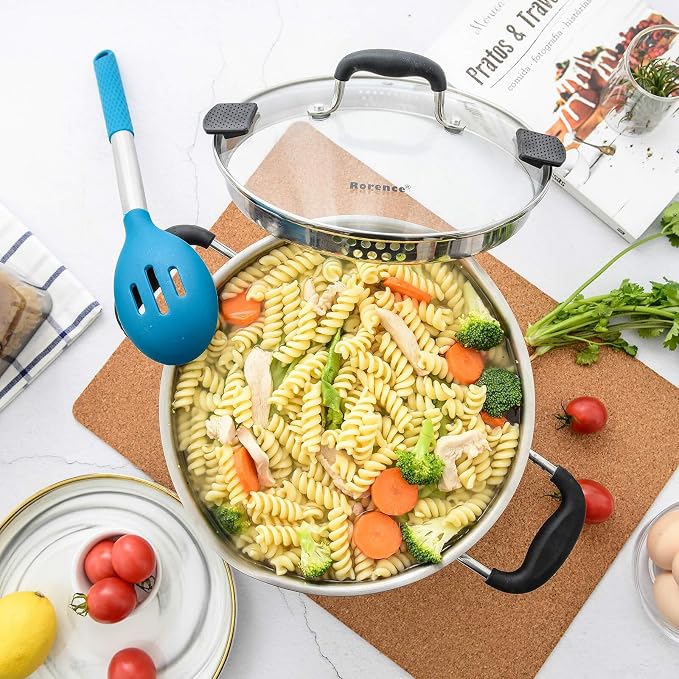 Rorence 6 Quart Stainless Steel Stock Pot, Induction Cooking Pot with Lid | Stockpot Pasta Pot with Two Side Spouts, capsule Bottom, Strainer Glass Lid