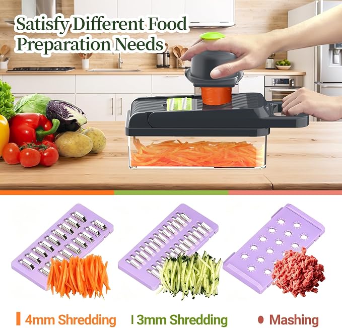 12-in-1 Vegetable Chopper 7 Blades, Veggie Cutter with Handle, Black/Purple | Stainless Steel Blades, Food Container and Lid, Dicer, Slicer, Julienne, Egg Separator, Non-slip Base, Include Cleaning Tools