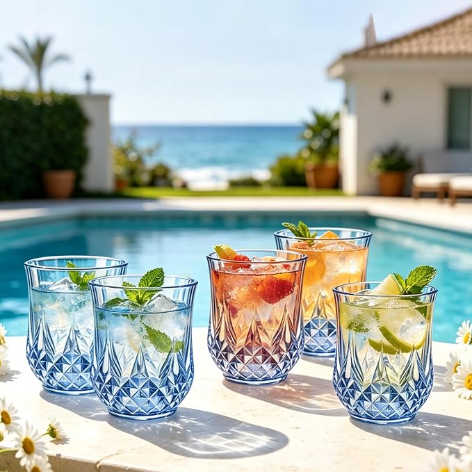 12 Pack 12 Oz Plastic Stemless Wine Glasses, Blue | Unbreakable, Reusable, Elegant Vintage Design, Fancy Cocktail Cups, Whiskey, Champagne, Wedding, Party, Bars, Holiday Events