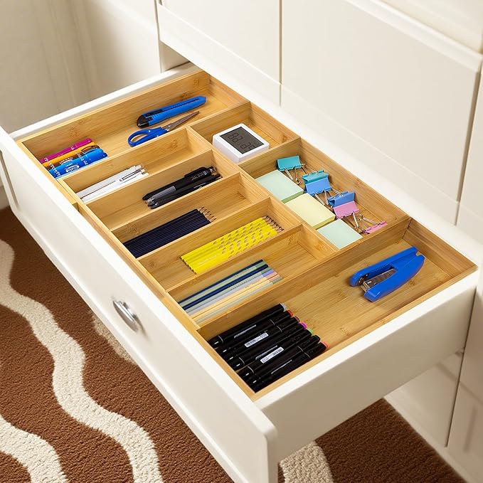 Utoplike Extra Large Kitchen Drawer Organizer, Solid Bamboo Silverware Tray | Expandable Drawers Organizer Holder for Utensils, Cutlery, Silverware, Flatware and Spatulas, Adjustable 7-9 Slots