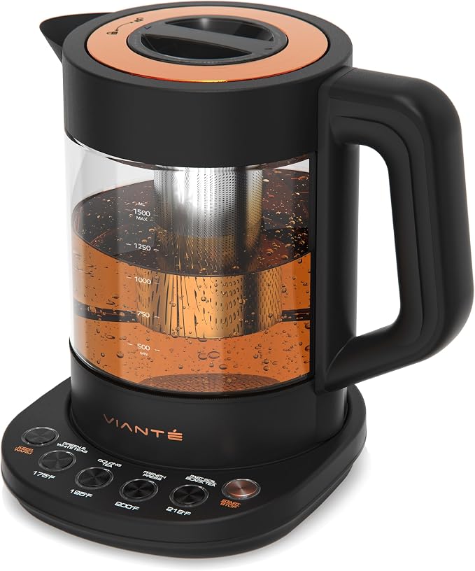 Viante Alba Electric Tea Kettle With Infuser, No Plastic, 1.5L, Black | Borosilicate glass & 304 stainless steel construction. 4 temp presets, keep-warm, cordless, auto shut-off
