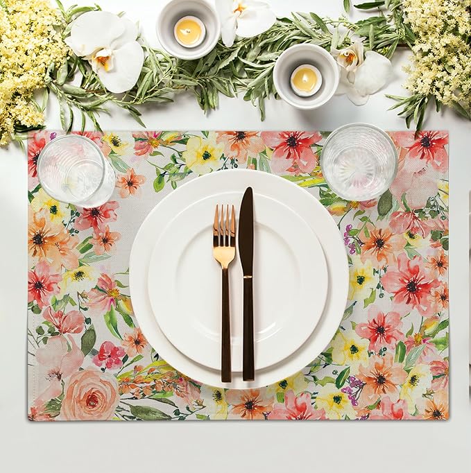 He is Risen Placemats Set of 4 Spring Easter Christian Cross Religious Flowers Kitchen Table Mats Seasonal Easter Holiday Linen Fabric Place Mat for Party Kitchen Dining Decoration