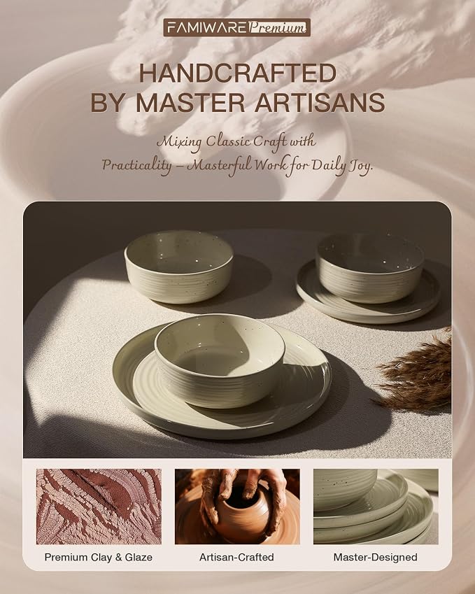 Stoneware Dinnerware Set for 6, White Honey Plates & Bowls | 18-Piece Ceramic Speckled Spiral Dishes, Chip & Scratch Resistant, Microwave & Dishwasher Safe, Everyday Use, Farmhouse Style