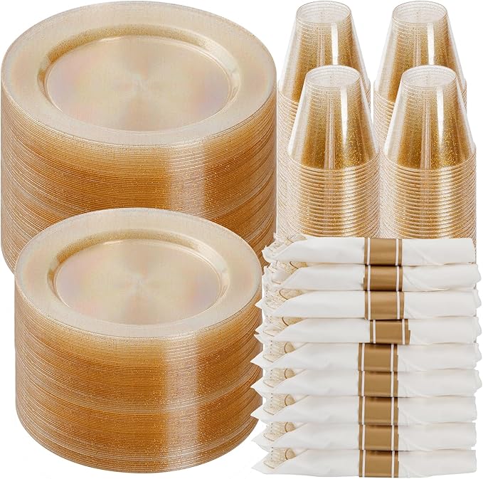700 Piece Gold Glitter Plastic Dinnerware Set for 100 Guests | Disposable Dinnerware Includes: 100 Dinner Plates, 100 Dessert Plates, 100 Pre Rolled Napkins with Silverware, 100 Cups