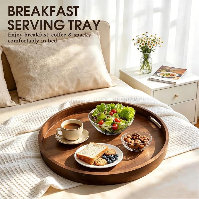 Extra Large Ottoman Tray, 24" Round Black Walnut Wood Serving Tray | Farmhouse Wooden Decorative Tray with Handles, Oversized Coffee Table Tray, Serving Platter Tray for Living Room, Countertop