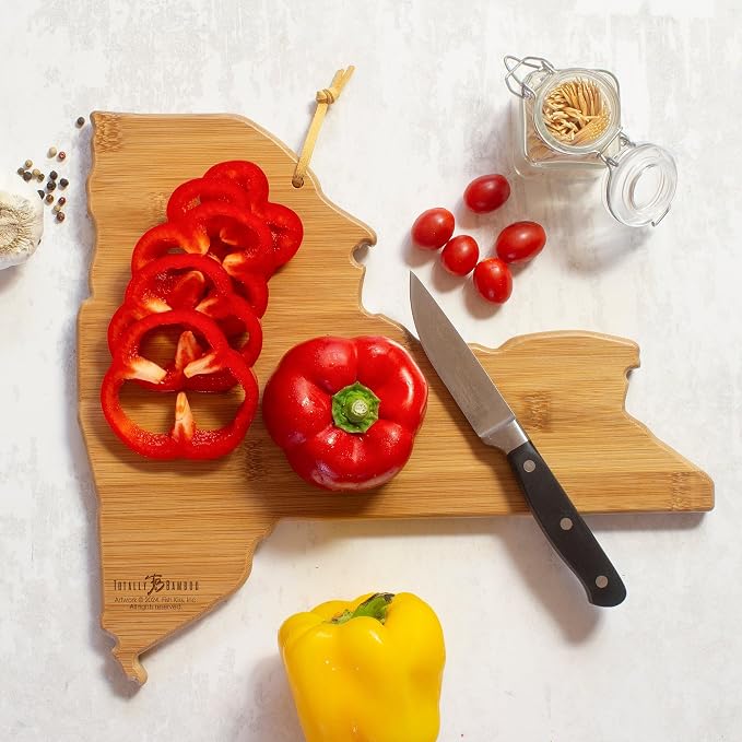 Totally Bamboo New York State Shaped Cutting Board, Art by Fish Kiss | State charcuterie board with colorful hand-drawn map artwork. Smooth reverse side for food prep. Hang tie for wall display.
