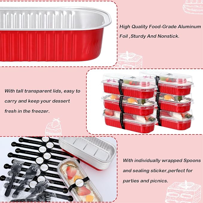EgticHome Mini Loaf Pans with Lids and Spoons (100 Pack, Red, 6.8oz) Rectangular Aluminum Foil Baking Pans