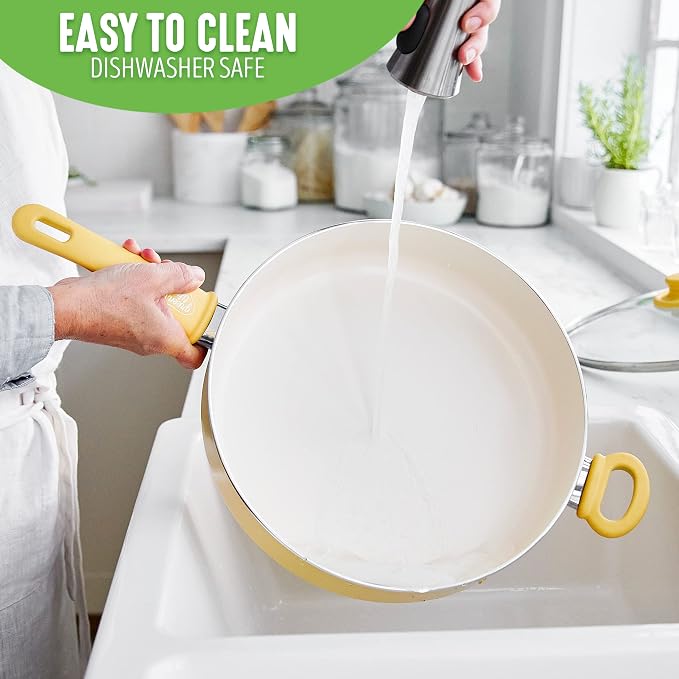 Greenlife Soft Grip Healthy Ceramic Nonstick, 5QT Saute Pan Jumbo Cooker with Helper Handle and Lid, PFAS-Free, Dishwasher Safe, Yellow