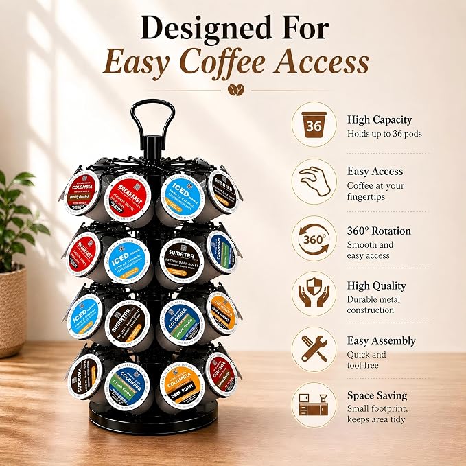 K Cup Holder-Coffee Pod Holder Organizer for 36 Pods,4-Tier K Cup Storage | K Cup Organizer,Stable Base,360°Rotating K Cup Carousel,Space-Saving for Countertop&Office,Coffee Pod Carousel Easy Assembly