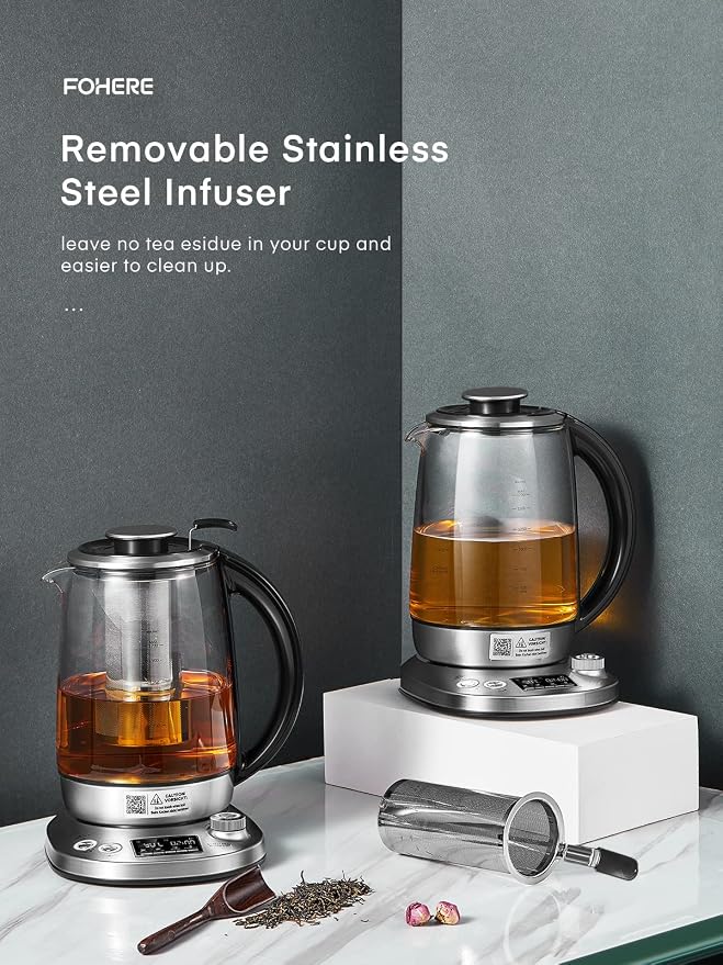 Electric Tea Kettle, 9 Temperature Control Presets Glass Kettle, 1200W Tea Pot with Removable Infuser, 2 Hours Keep Warm, 1.7 Liter Electric Kettles, Borosilicate Glass & Stainless Steel