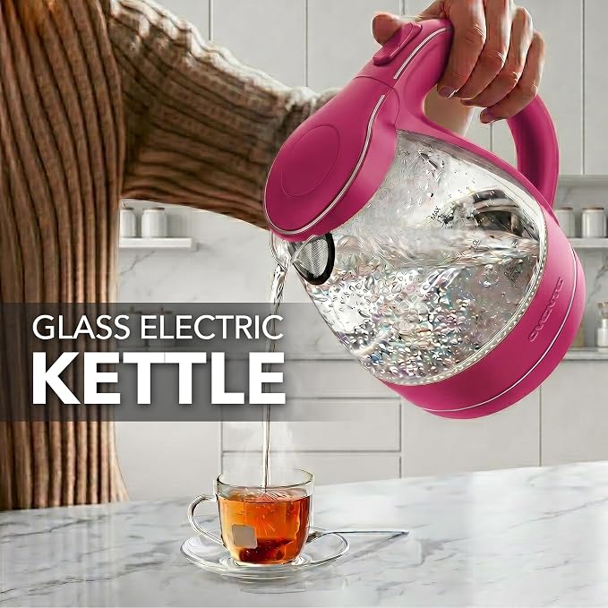 OVENTE 1.5L Glass Electric Kettle Water Boiler, Pink KG83F | 1100W Fast Boiling, Borosilicate Glass, BPA-Free, Blue LED, Auto Shut-Off, Boil-Dry Protection, Removable Filter, 360° Base