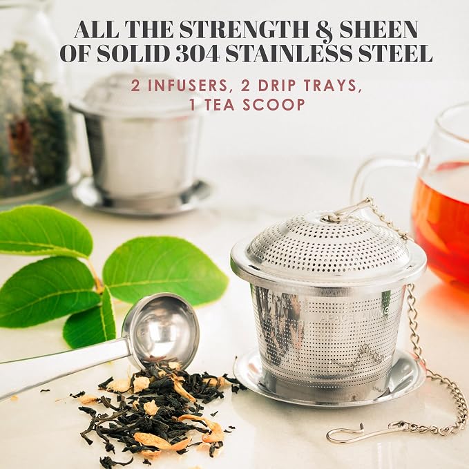Tea Infuser Set of 2 with Tea Scoop & Drip Trays - 304 Stainless Steel Ultra Fine Mesh Loose Leaf Tea Strainer, Reusable Tea Steeper Basket for Rooibos, Green, Black, Herbal & Oolong Tea, etc