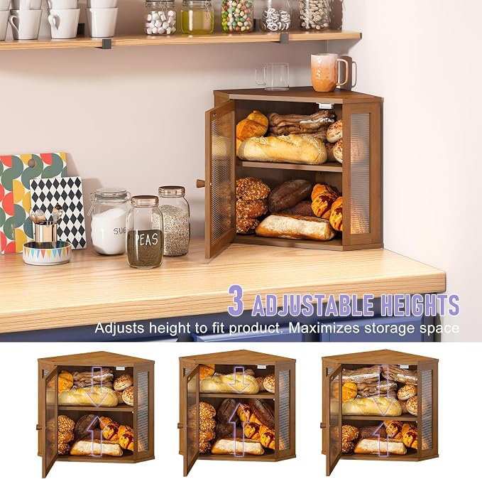 Corner Bread box for Kitchen Countertop,Farmhouse Bread Box with Acrylic Wavy Door Panel,Large Bread box for kitchen countertop,Kitchen Countertop Food Storage Container (Brown, Meduim)
