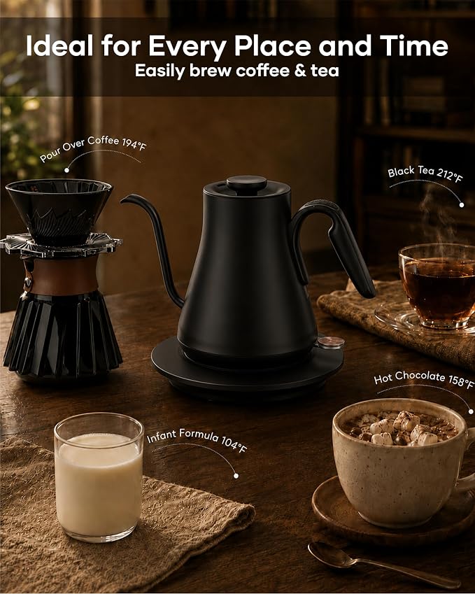 Cocinare Gooseneck Electric Kettle 0.8L, Fast Boil Pour Over Coffee, Tea | 1440W Fast Boil, 304 Stainless Steel Interior, Gooseneck Precision Spout, Auto Shut-Off & Boil-Dry Protection, Matte Black