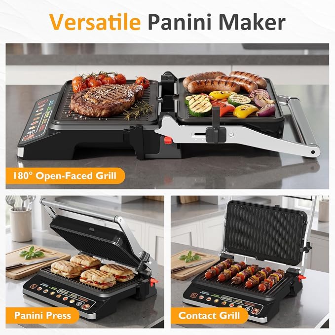 SUNVIVI 3-in-1 Electric Grill Indoor, Panini Press & Sandwich Maker with Removable Plates, 1600W, 8 Cooking Modes, 180° Flat Opening, Adjustable Temp, Ceramic Nonstick Dishwasher Safe, Stainless Steel