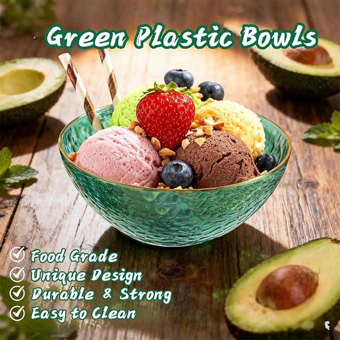 50 Pack 12 Ounce Clear Green Plastic Bowls Serving Bowls Hammered with Gold Rimmed, Heavy Duty Disposable Bowl Set,Small Bowls for Party Picnic
