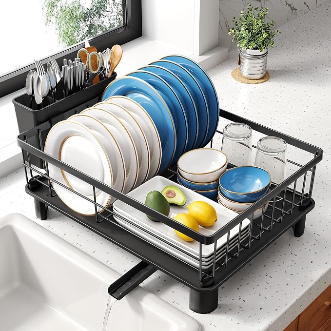 SNTD Dish Drying Rack for Small Kitchen Counter, 11" W x 15" L, Black | Space Saving, Rotating Spout & Angled Drainboard for Quick Drainage, Stainless Steel, Removable Utensil Holder