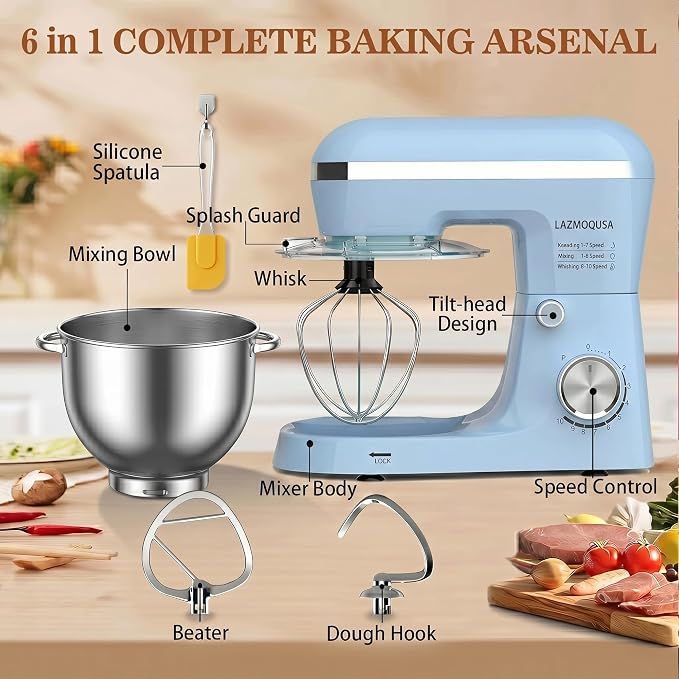 Stand Mixer, 6.5 Quart, 660W, Tilt-Head Food Mixer with 10+ Speeds, Stainless Steel, Multifunctional, for Bread Dough and Cake (Blue)